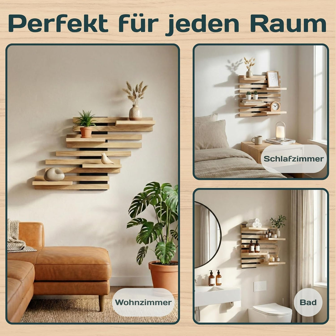 Wandregal Holz Hängend - Modulares Bücherregal Set aus Massivholz - Schwebendes Regalbrett für Wohnz