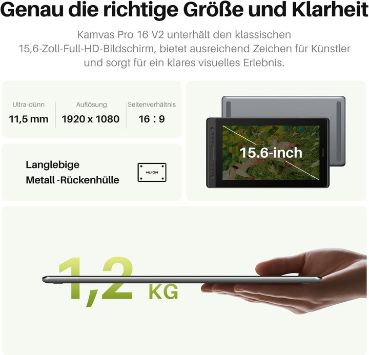 HUION Kamvas Pro 16 V2 Grafiktablett mit Display, 15,6 Zoll Volllaminiertes AG-Glas, 16384 Stiftdruc