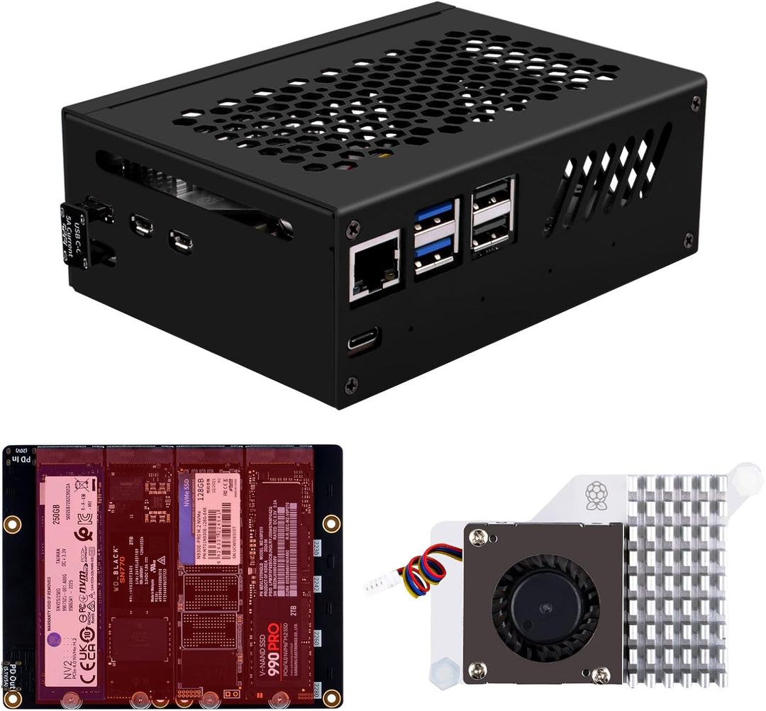 GeeekPi N16 Quad M.2 M-Key NVMe SSD Hut mit Metallgehäuse & Aktivkühler für Raspberry Pi 5, unterstü