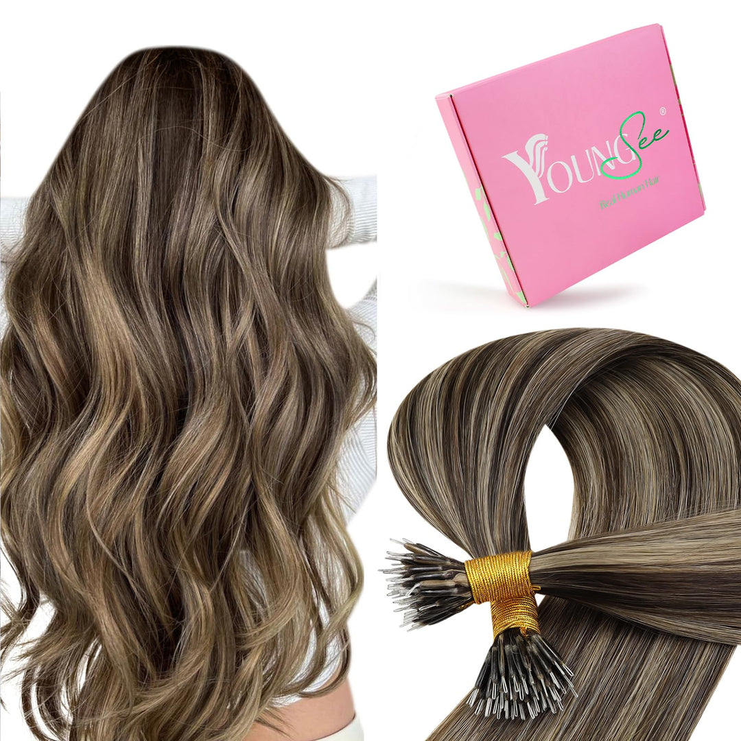 YoungSee Nanoring Extensions Braun Blond Nanoring Extensions Echthaar 50 cm 1g Nanoring Hair Extensi
