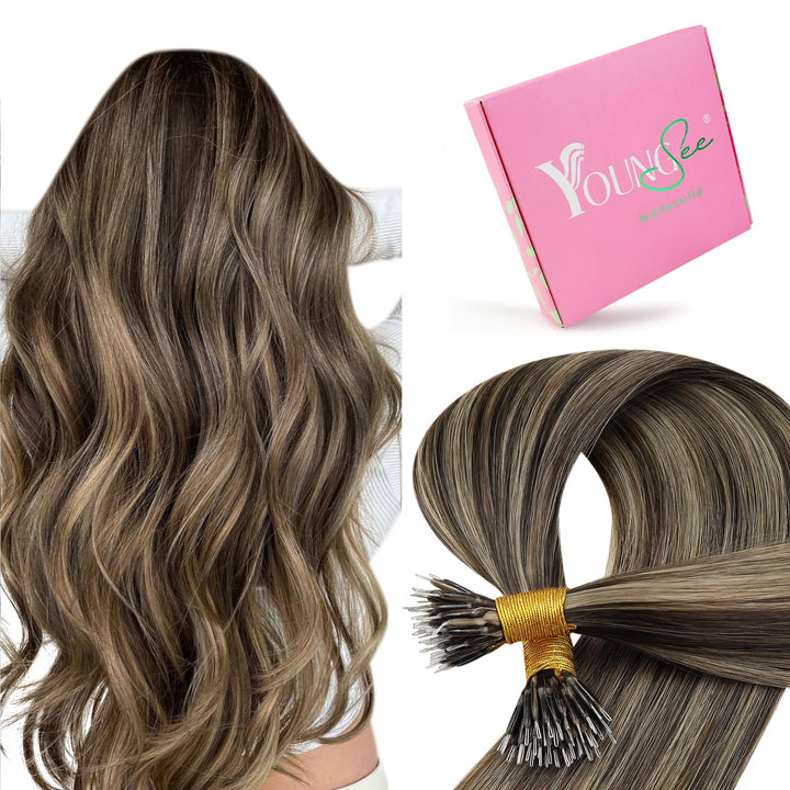YoungSee Nanoring Extensions Braun Blond Nanoring Extensions Echthaar 50 cm 1g Nanoring Hair Extensi