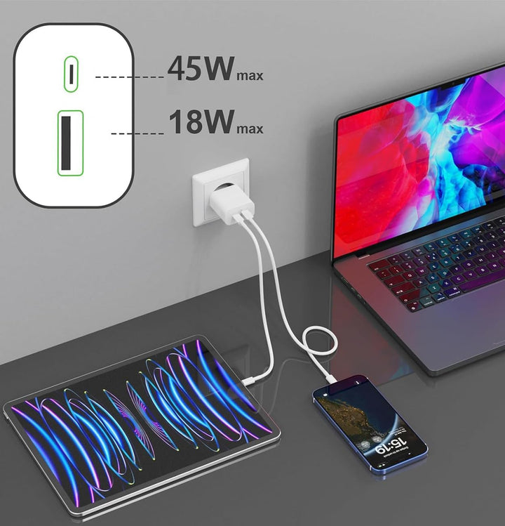 45W USB C Schnellladegerät Ladegerät mit USB Adapter2 Ports Ladeadapter für iPhone 17 16 15 14 Pro M