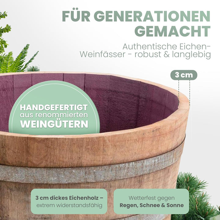 Temesso Blumentopf, Blumenkübel, Holzfass als Pflanzkübel, Weinfass halbiert mit Rollen D70cm H40cm;