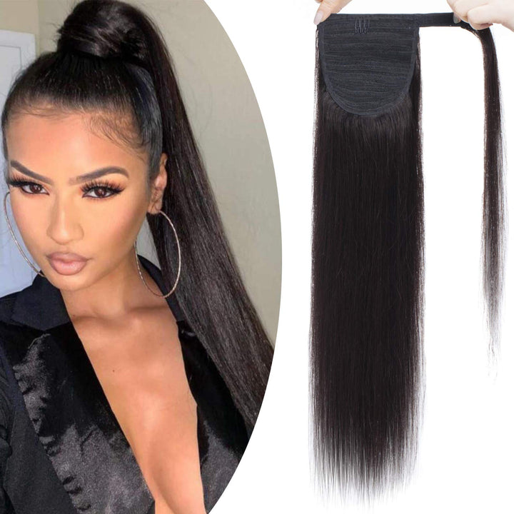 SEGO Ponytail Extension Echthaar Pferdeschwanz Haarteil Haarverlängerung Zopf Glatt Naturschwarz #1B