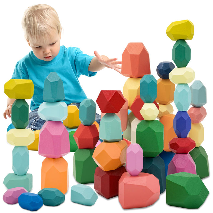 RunHero 39 Stück Stapelsteine Balanciersteine Montessori Holz Bauklötze Spielzeug für Kinder Stapelt