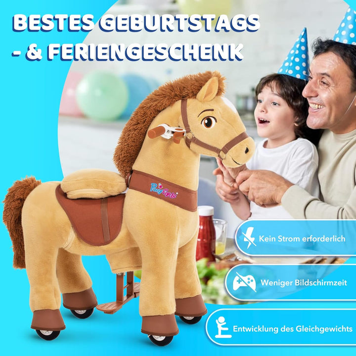 PonyCycle Reitpferd mit Rollen, für Kinder 4–7 Jahre, 90cm Hoch, Plüsch Reitpony mit Handbremse, Sch