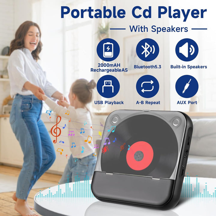 Tragbarer CD Player mit Bluetooth 5.3 - Kinder CD Spieler mit 2000mAh Akku, USB, MP3 Wiedergabe, AUX