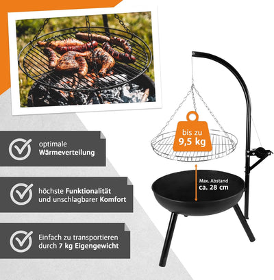 NATIV Lemodo Feuerschale mit Grillrost - Dreibein-Schwenkgrill - Dreifuss-Grill mit Kurbel zur Höhen