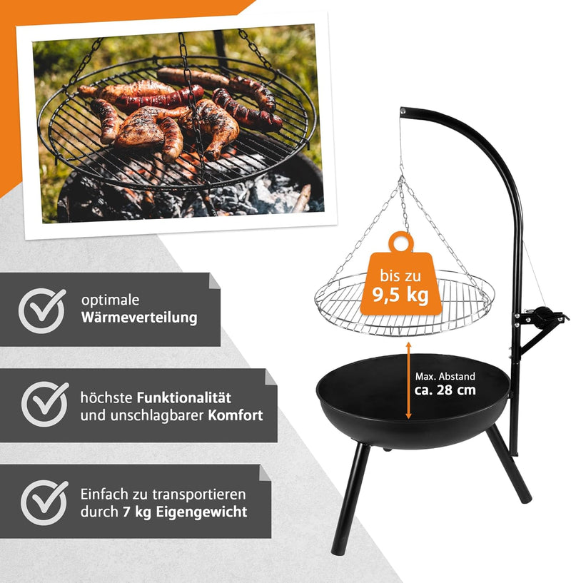 NATIV Lemodo Feuerschale mit Grillrost - Dreibein-Schwenkgrill - Dreifuss-Grill mit Kurbel zur Höhen
