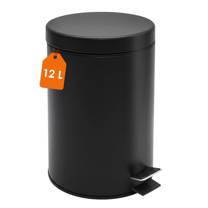 Spetebo Edelstahl Tretmülleimer rund schwarz matt 39 x 25 cm mit Deckel - 12 L - Metall Mülleimer mi