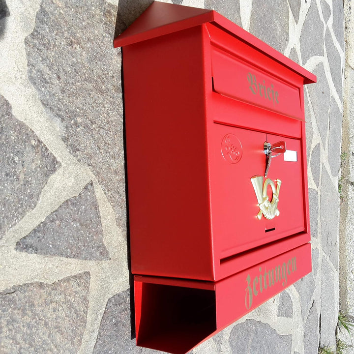 Grosser Briefkasten/Postkasten XXL Rot/Matt mit Zeitungsrolle Zeitungsfach Schrägdach Trapezdach