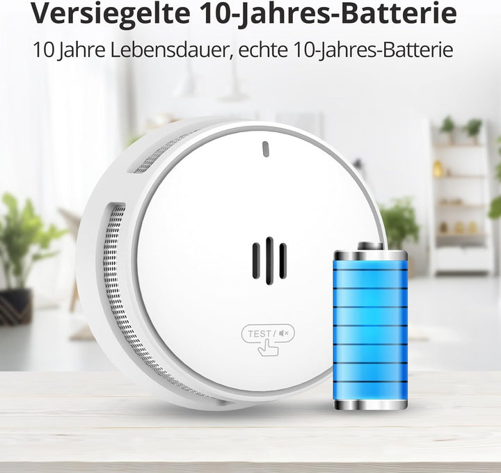 Rauchmelder, 10 Jahre Batterie, Rauchmelder für Zuhause, Feueralarm mit Stummschaltfunktion aus der