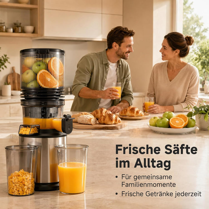 AMZCHEF Entsafter - Slow Juicer mit 158 mm grossem Einfüllschacht Extra Large Silber/Schwarz, Extra