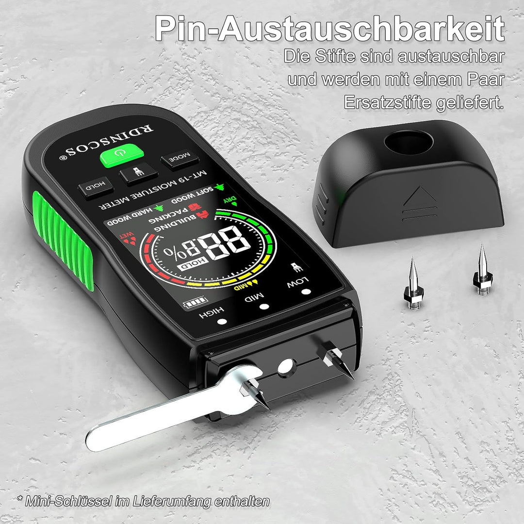 RDINSCOS Feuchtigkeitsmessgerät für Holz, Pin-Typ Holzfeuchtemessgerät mit 4 Messmodi & Farbdisplay,