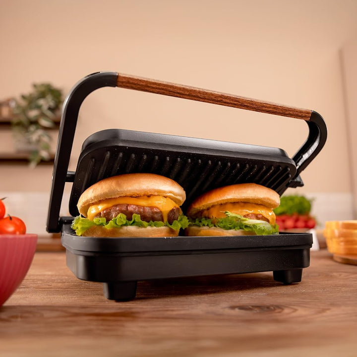 Cecotec Elektrischer Grill Rock'Ngrill 1300 Wood B. Leistung von 1300W, schwarzes Design, Rockstone-