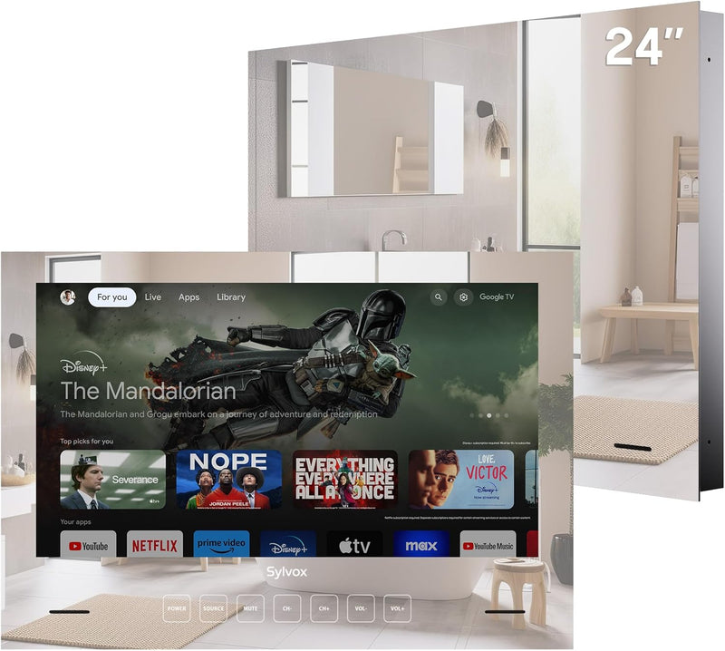 SYLVOX Spiegel Fernseher für Bad 24 Zoll, Wasserdichter IP66 Google TV 1080P | 60Hz| Hotspot & WiFi