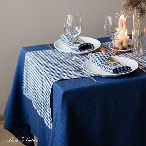 Linen &amp; Cotton Tischläufer Stoff Tischdekoration Tischwäsche Estella - 100% Leinen, Weiss Weiss Blau