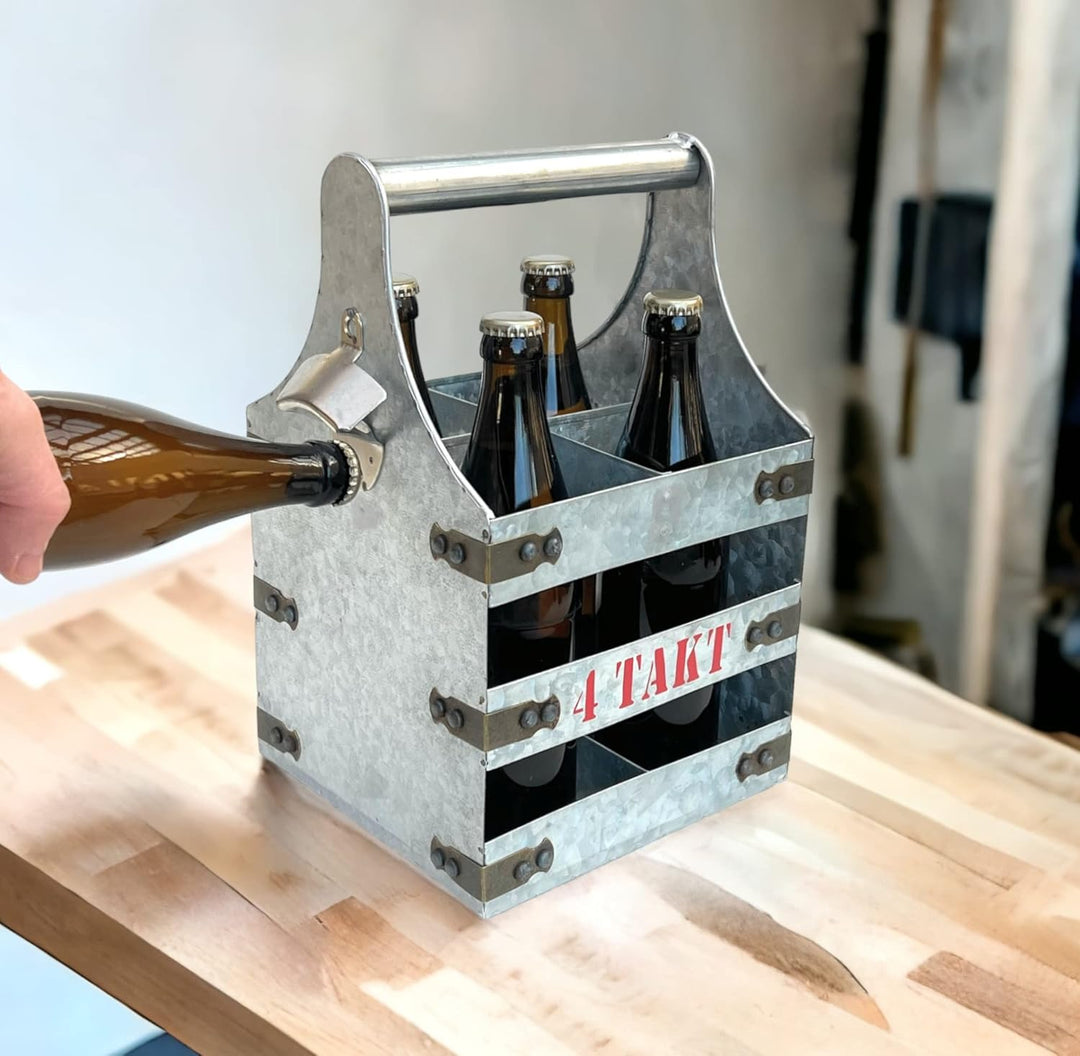 DanDiBo Bierträger Metall mit Öffner Flaschenträger 4 Takt 96405 Flaschenöffner Flaschenkorb Männerh