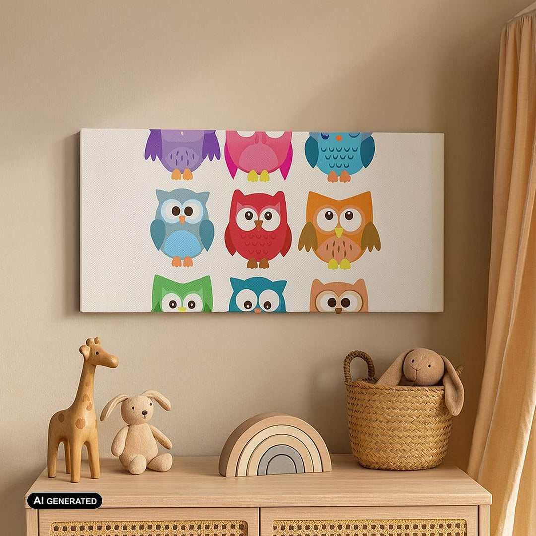 Wandbilder Dekoration Wohnzimmer Eulen Bunt Kinder Zeichnung Panorama Bilder auf Leinwand 120x50cm L