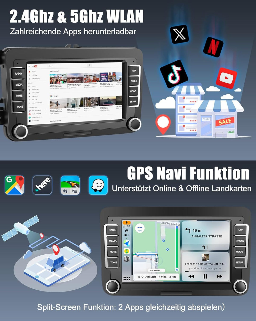 Bluetooth Autoradio mit Bildschirm für Golf 5 6 VW Polo T5 Passat Touran Seat mit Navi WLAN FM/AM, A