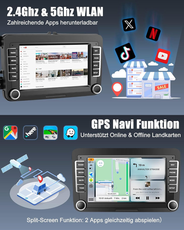 Bluetooth Autoradio mit Bildschirm für Golf 5 6 VW Polo T5 Passat Touran Seat mit Navi WLAN FM/AM, A
