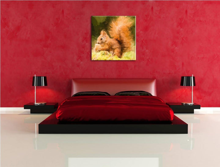 Pixxprint Eichhörnchen mit Nuss als Leinwandbild/Grösse: 70x70 cm/Wandbild/Kunstdruck/fertig bespann