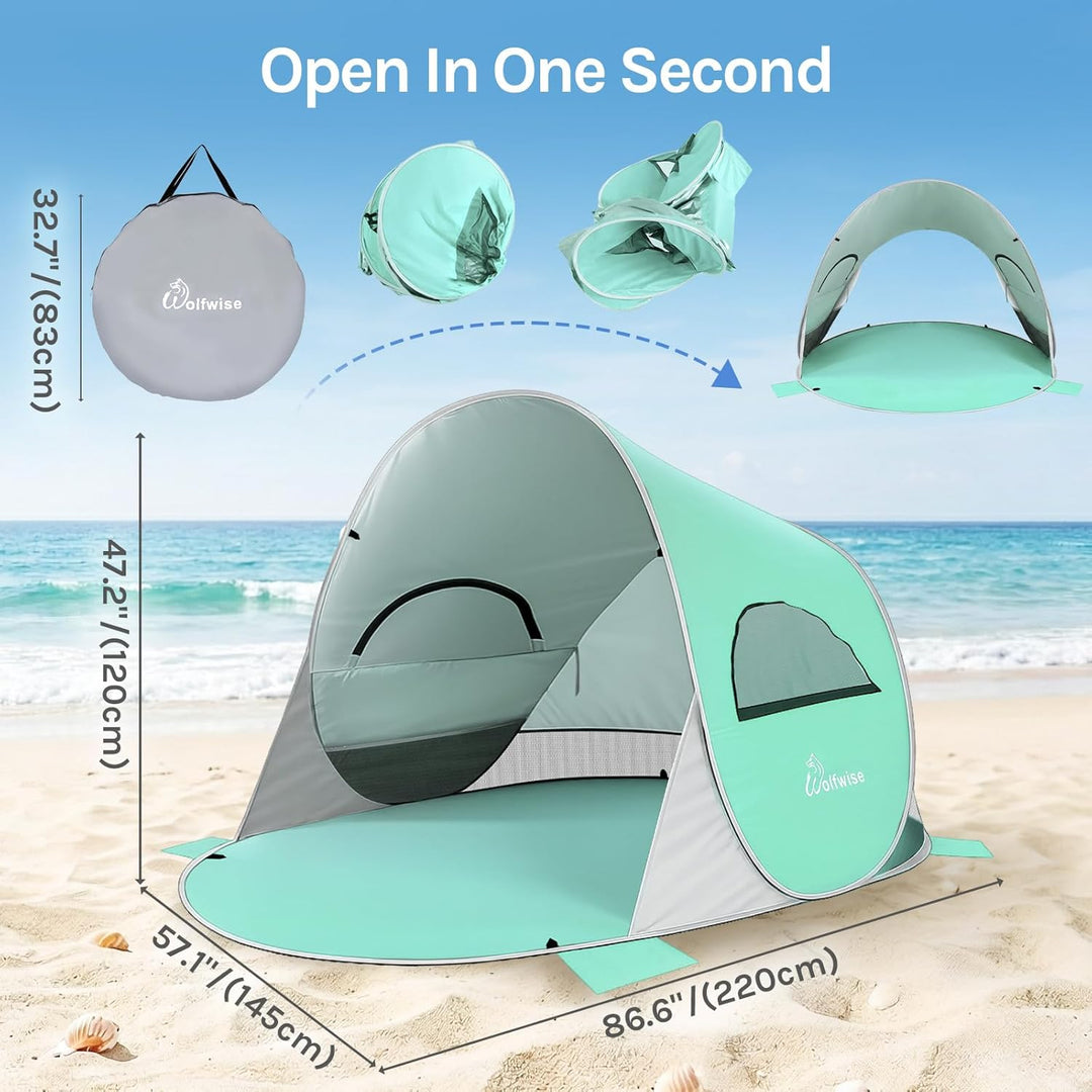 Wolfwise Pop Up Strandmuschel für 4 Personen, Sofort Aufbau, UV-Schutz 50+, Wasserabweisend, Belüfte