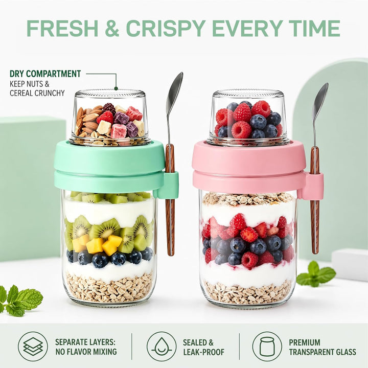 Müslibecher to Go mit Löffel,4 Stück Joghurtbecher mit Toppingbehälter,Overnight Oats Glas, Auslaufs