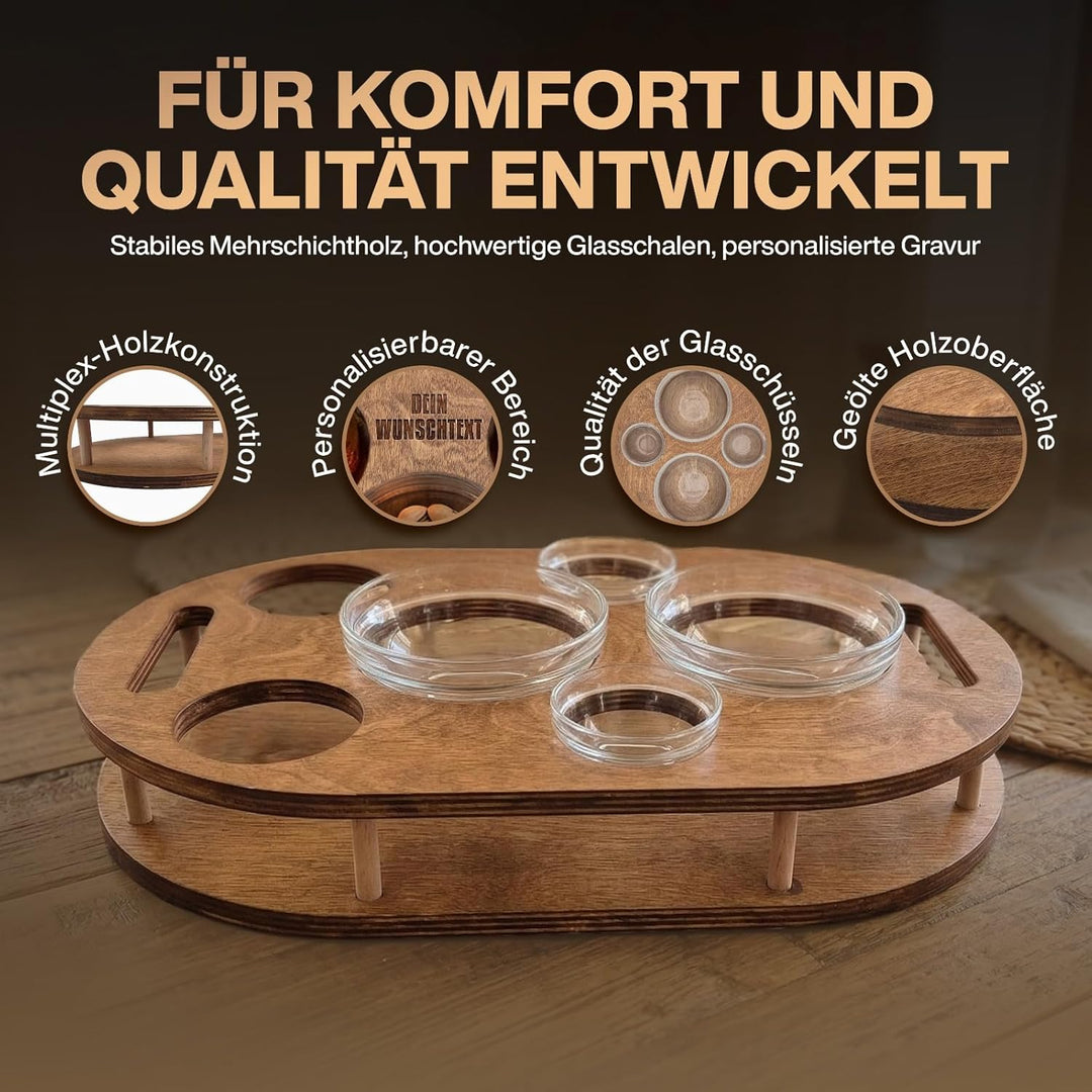 Couchbar Snackbox mit 4 Glasschalen - Sofabar für Snacks und Getränke - Couchtabletts mit Getränkeha