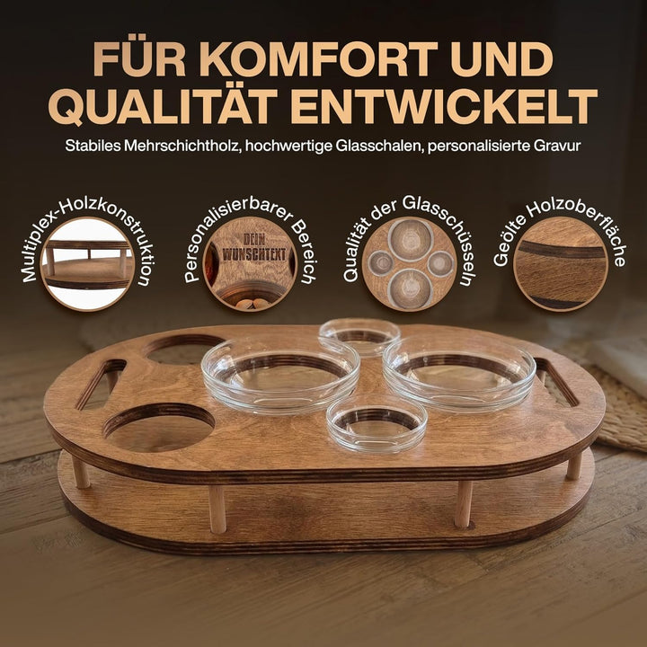 Couchbar Snackbox mit 4 Glasschalen - Sofabar für Snacks und Getränke - Couchtabletts mit Getränkeha