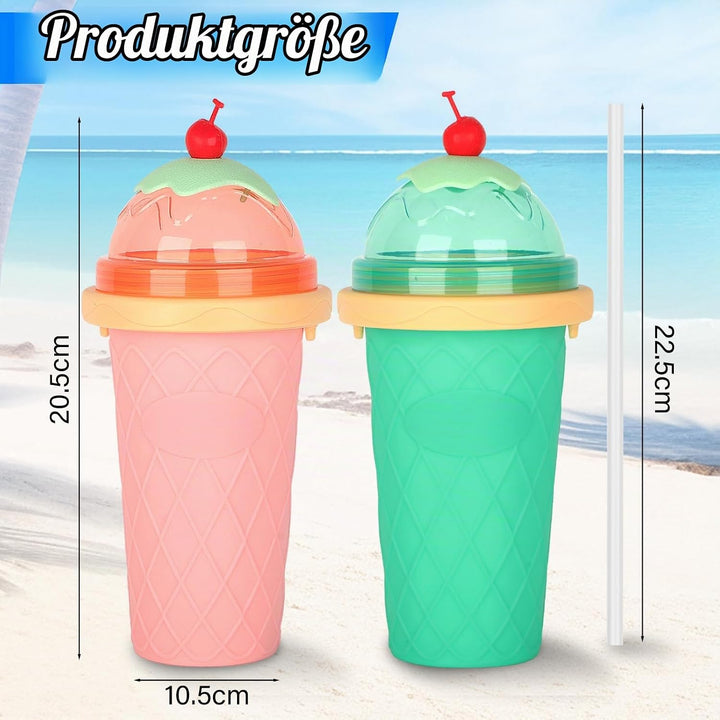2er Set DIY Slush Becher, Silikon Squeeze Cup mit 2-in-1 Strohhalm und Löffel, Slush Eis Becher zum