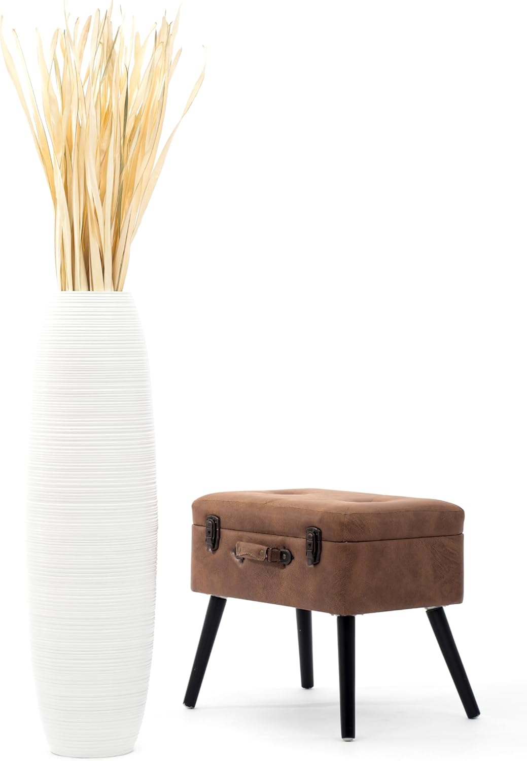 Leewadee Grosse Bodenvase für Dekozweige hohe Standvase Design Holzvase, Holz, 90 cm, Weiss 90 cm We