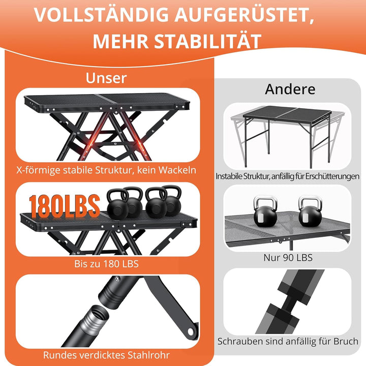 FUNYKICH Tragbarer Grilltisch 60 x 40cm,X form Campingtisch Outdoor Klappbar mit 3 Höhenverstellbar(