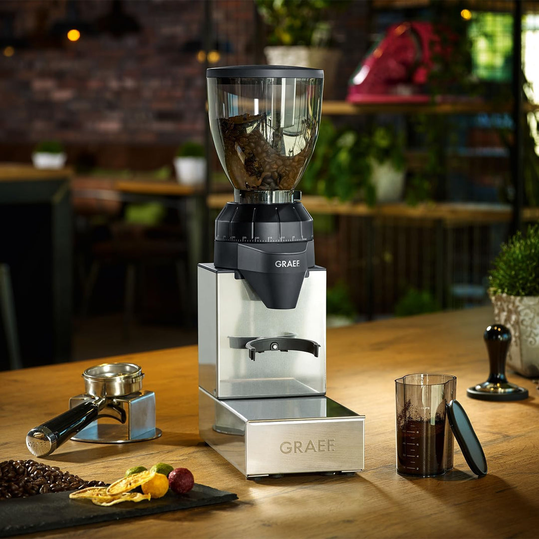 GRAEF Kaffeemühle CM850, Kegelmahlwerk aus Edelstahl, 40 Mahlgradeinstellungen, abnehmbarer 350g Kaf
