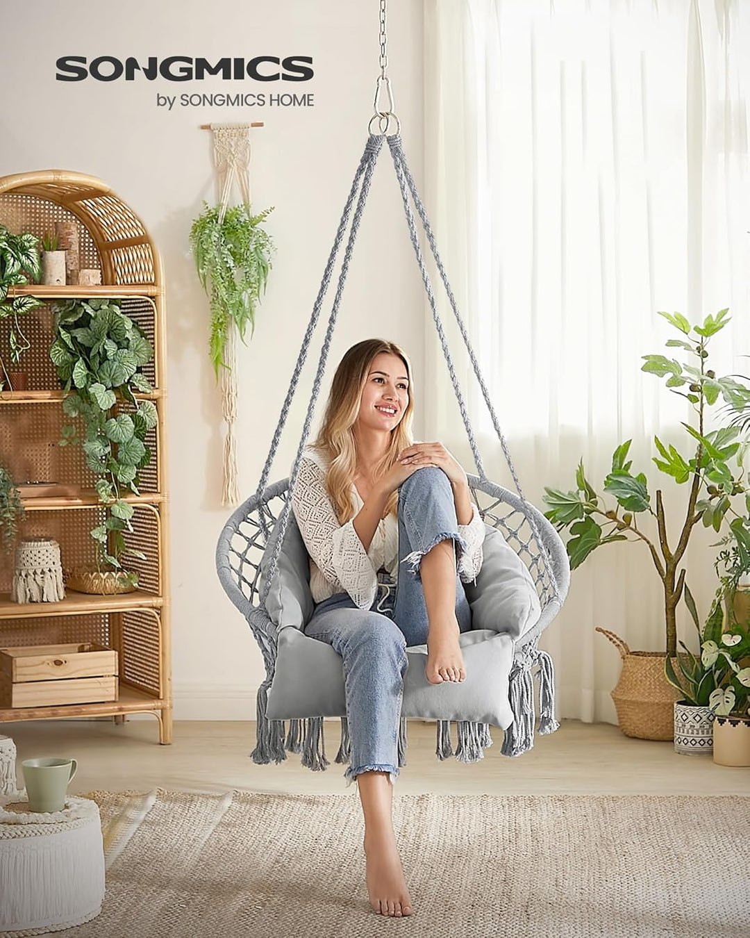 SONGMICS Hängesessel, Hängeschaukel, Hängestuhl, Dickes Kissen, skandinavischer Stil, für Wohnzimmer