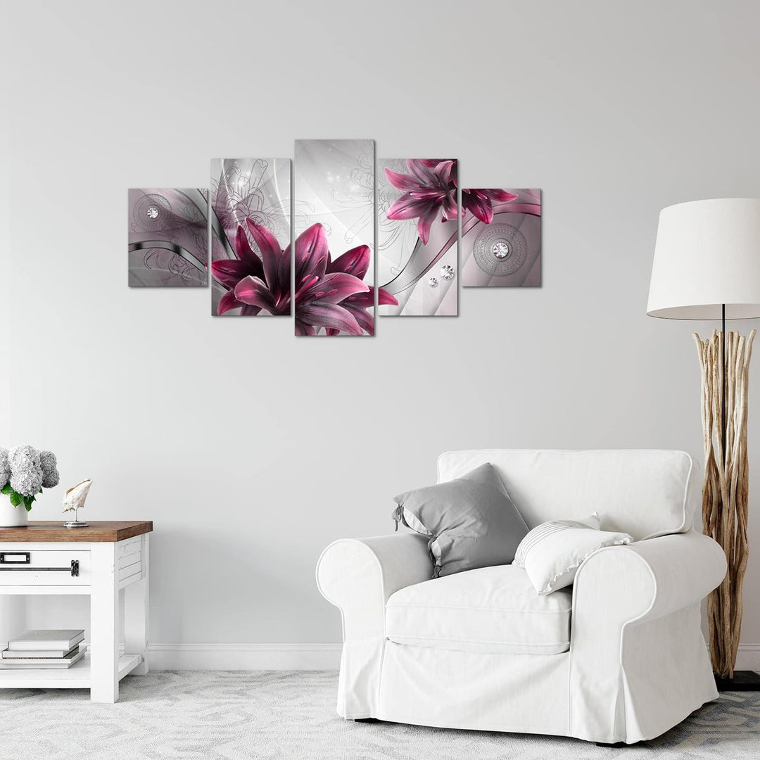 Runa Art Wandbilder Blumen Lilien 5 Teilig Bild auf Vlies Leinwand Deko Wohnzimmer Abstrakt Grau Rot