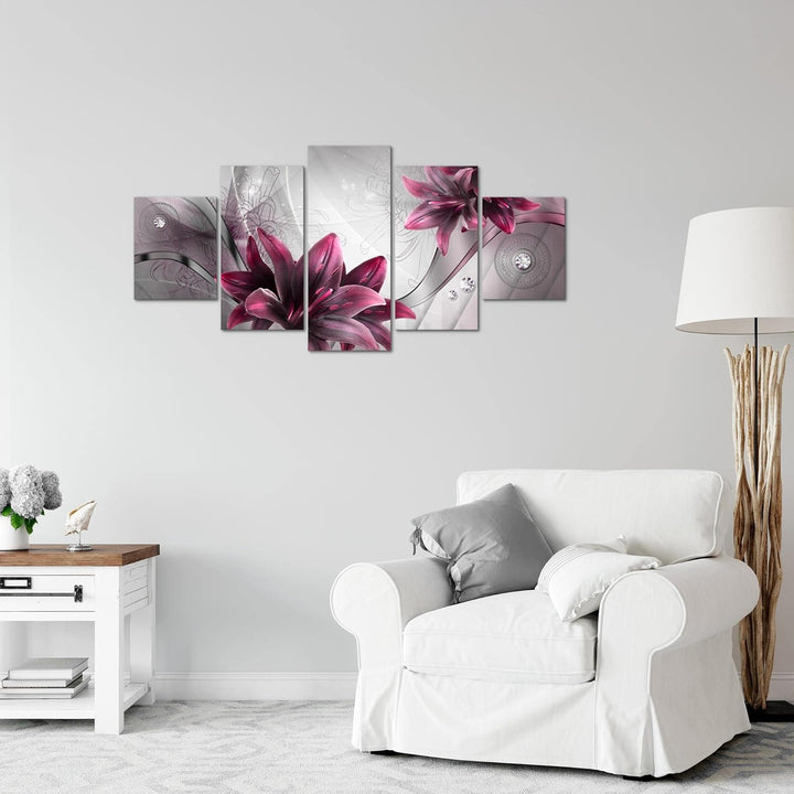Runa Art Wandbilder Blumen Lilien 5 Teilig Bild auf Vlies Leinwand Deko Wohnzimmer Abstrakt Grau Rot