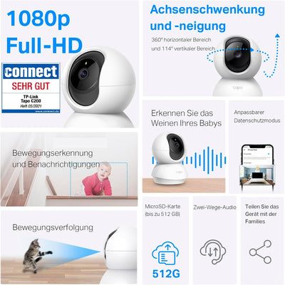 TP-Link Tapo C200 WLAN IP Kamera Überwachungskamera (Linsenschwenkung- und Neigung, 1080p-Auflösung,