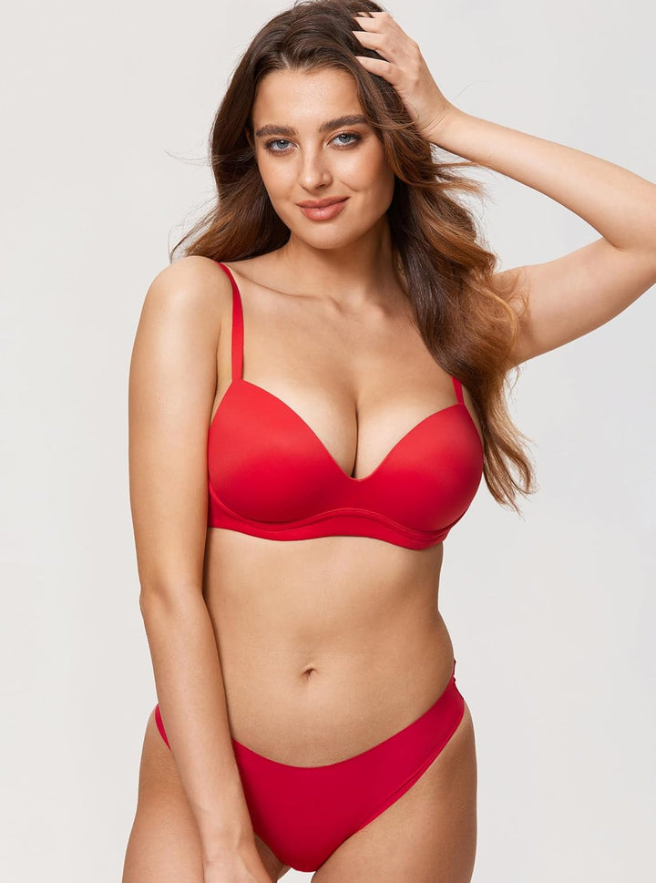 DOBREVA BH Damen ohne Bügel Push Up BHS Soft T Shirt Gepolstert Bustier Nahtlose Sleep 70A Tiefrot,