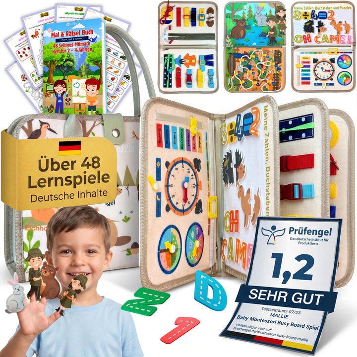 Mallie® Montessori Busy Board mit Rollenspiel-Set & Fingerpuppen [Version 2025] Lernbuch - Fördert F