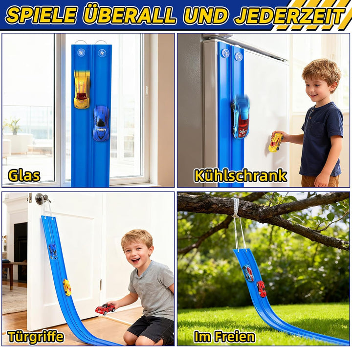 Charmofun Autorennbahn für Kinder 5M, Flexible Rennbahn Kinder mit 4 Autos, Aufbewahrungstasche, Kat