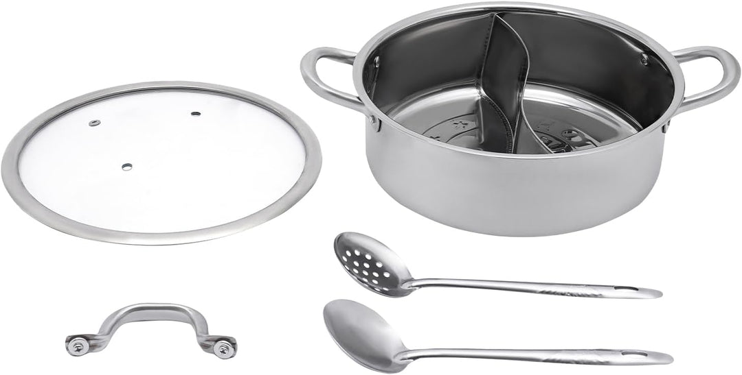 28cm Edelstahl Hot Pot Shabu Kocher Kochgeschirr Doppelseitig mit Suppenkellen & Deckel 2 Grid Shabu