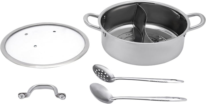 28cm Edelstahl Hot Pot Shabu Kocher Kochgeschirr Doppelseitig mit Suppenkellen & Deckel 2 Grid Shabu