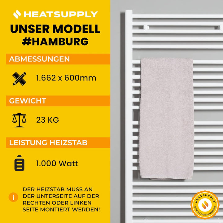 Handtuchheizkörper elektrisch weiss 600x1662mm Badheizkörper elektrisch mit Thermostat inkl. 1.000 W