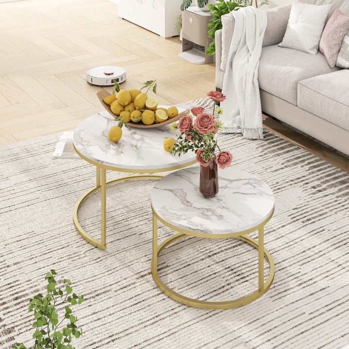 Marmor Couchtisch Gold, Couchtisch 2er Set mit 1 Grosser Couchtisch Rund und 1 Kleiner Tisch, Beiste