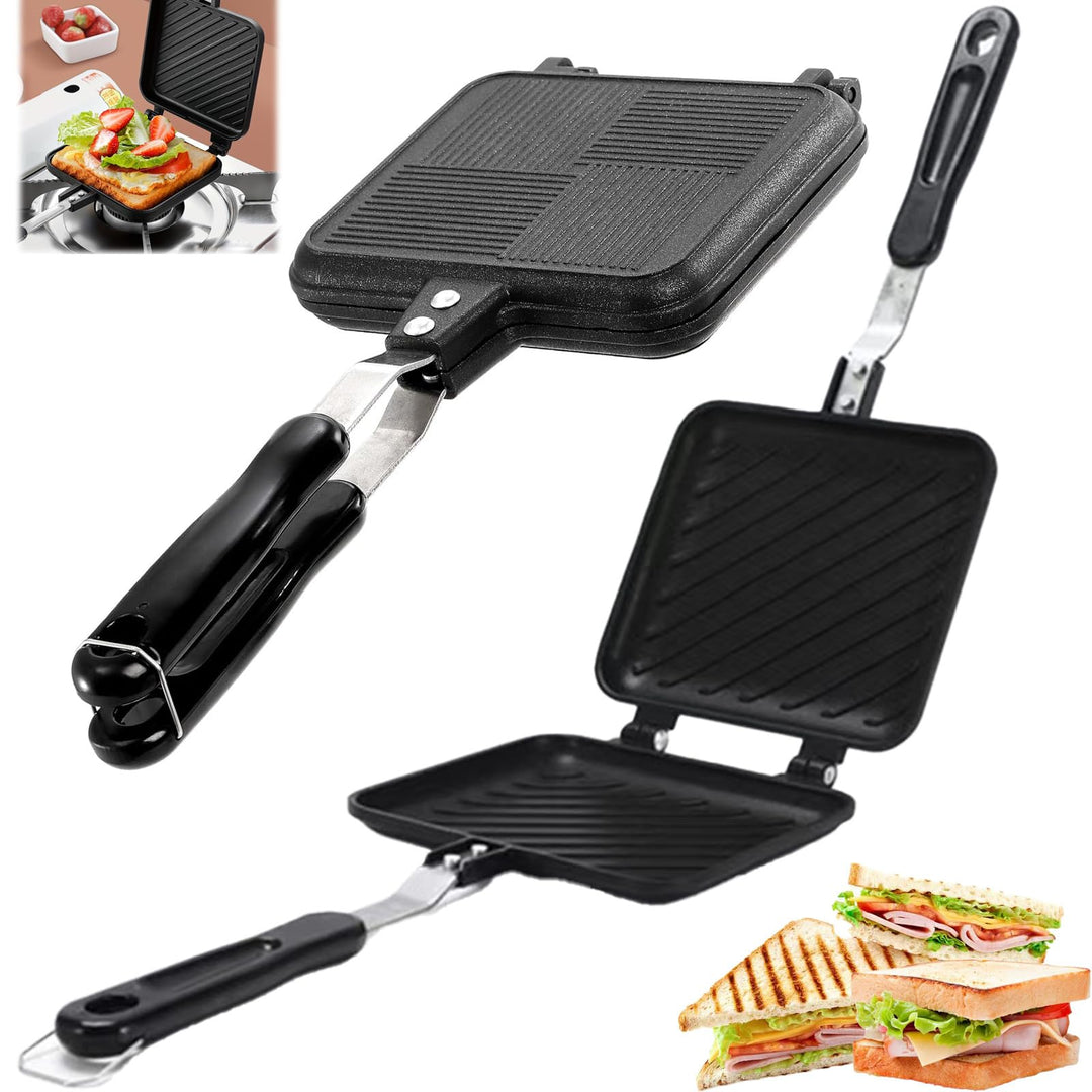 Aluminium Doppelseitiger Bratpfanne mit Hitzebeständigem Griff, Camping Sandwichmaker, Antihaftbesch