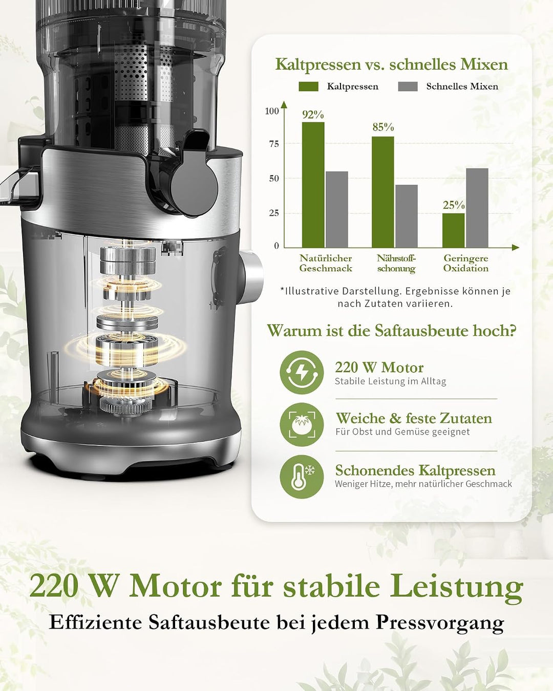 Entsafter BPA-frei Tritan, Slow Juicer für Gemüse und Obst Testsieger, 130 mm Einfüllöffnung, 1,5 L