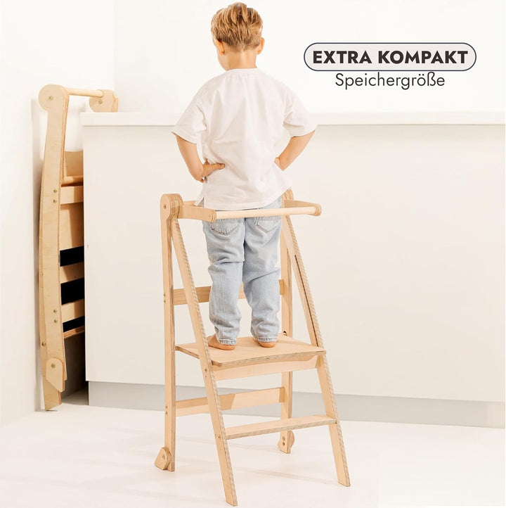 Goodevas Holz Lernleiter Montessori platzsparend: Klappbare Lernleiter, Hocker für Kinder, Faltbare