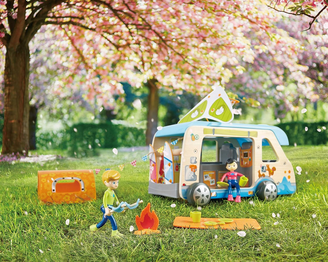 Hape Abenteuer-Van | Wohnmobil mit Puppen und Zubehör, der Camper ist aufklappbar, ab 3 Jahren