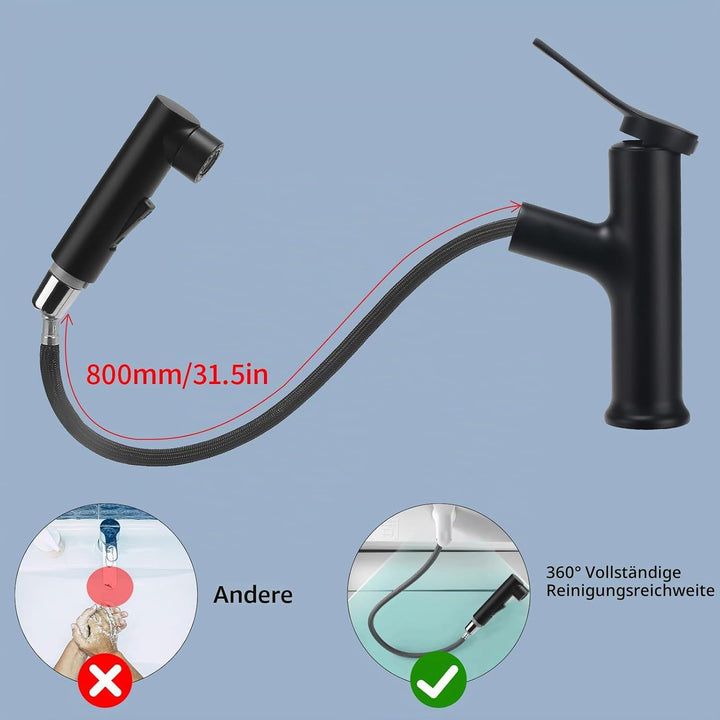Wasserhahn Ausziehbar Wasserhahn Bad Schwarz mit 3 Wasserstrahlarten Brause Kalt und Warm Einhebelmi